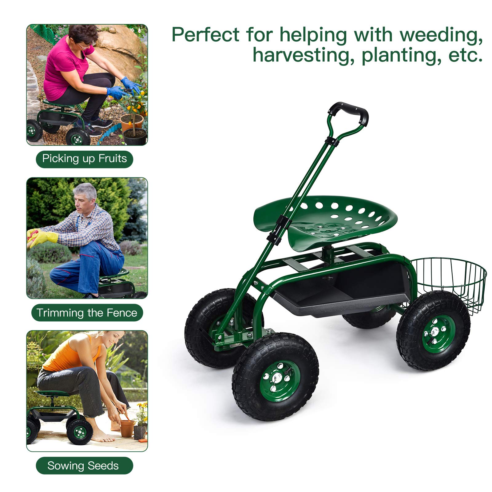 GOPLUS Gartenwagen, 360° drehbarer Gartensitz mit ausziehbarem Griff, Gartenhocker mit Ablage & Korb,Sitz höhenverstellbar, bis 150 kg belastbar, Rollsitz für Gartenarbeit (96,5 x 48,5 x 45,5-54,5 cm)