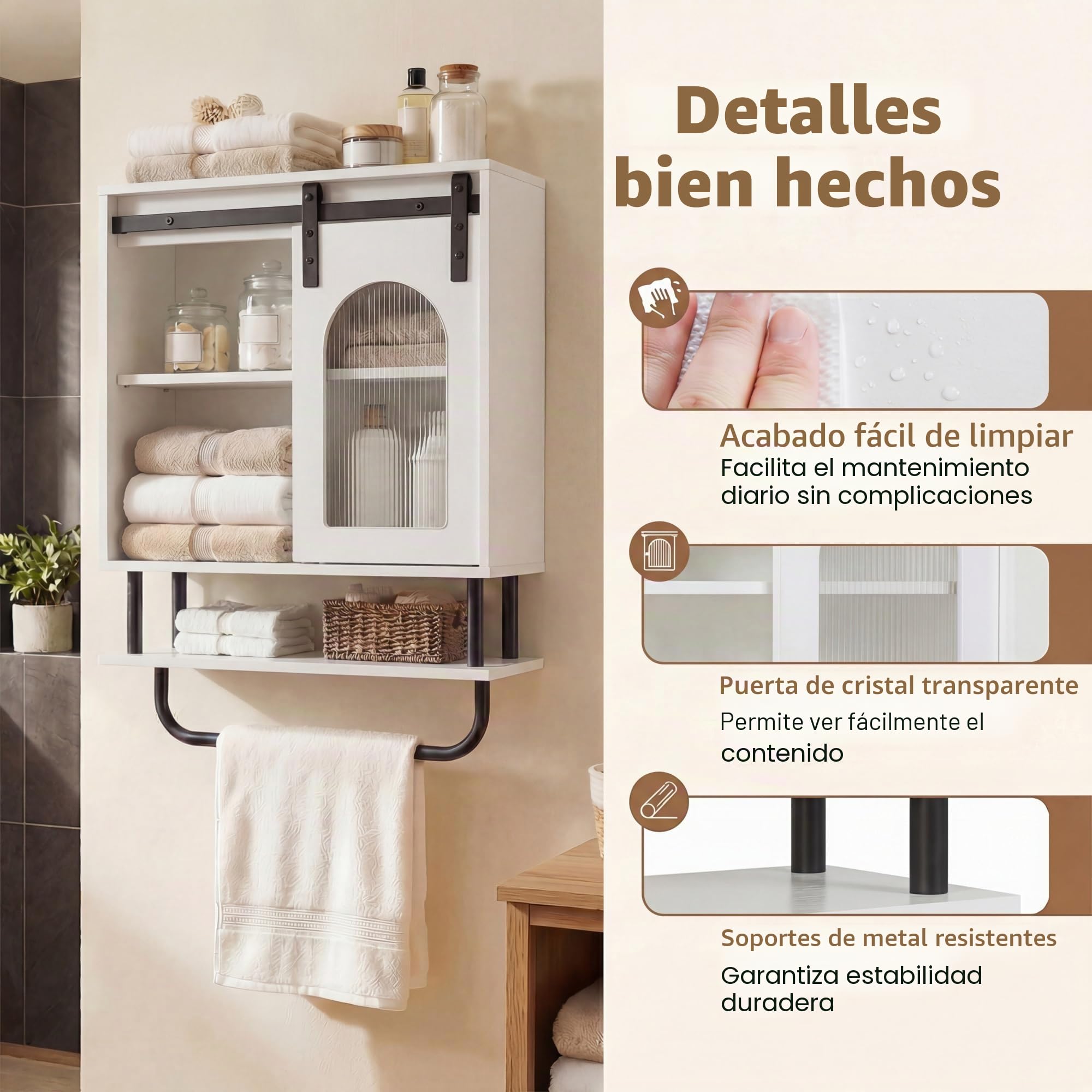 LIFEZEAL Armario de pared para baño, armario de baño con toallero, armario colgante con compartimento abierto, armario colgante para baño, cocina y salón, 50 x 20 x 70 cm, color blanco