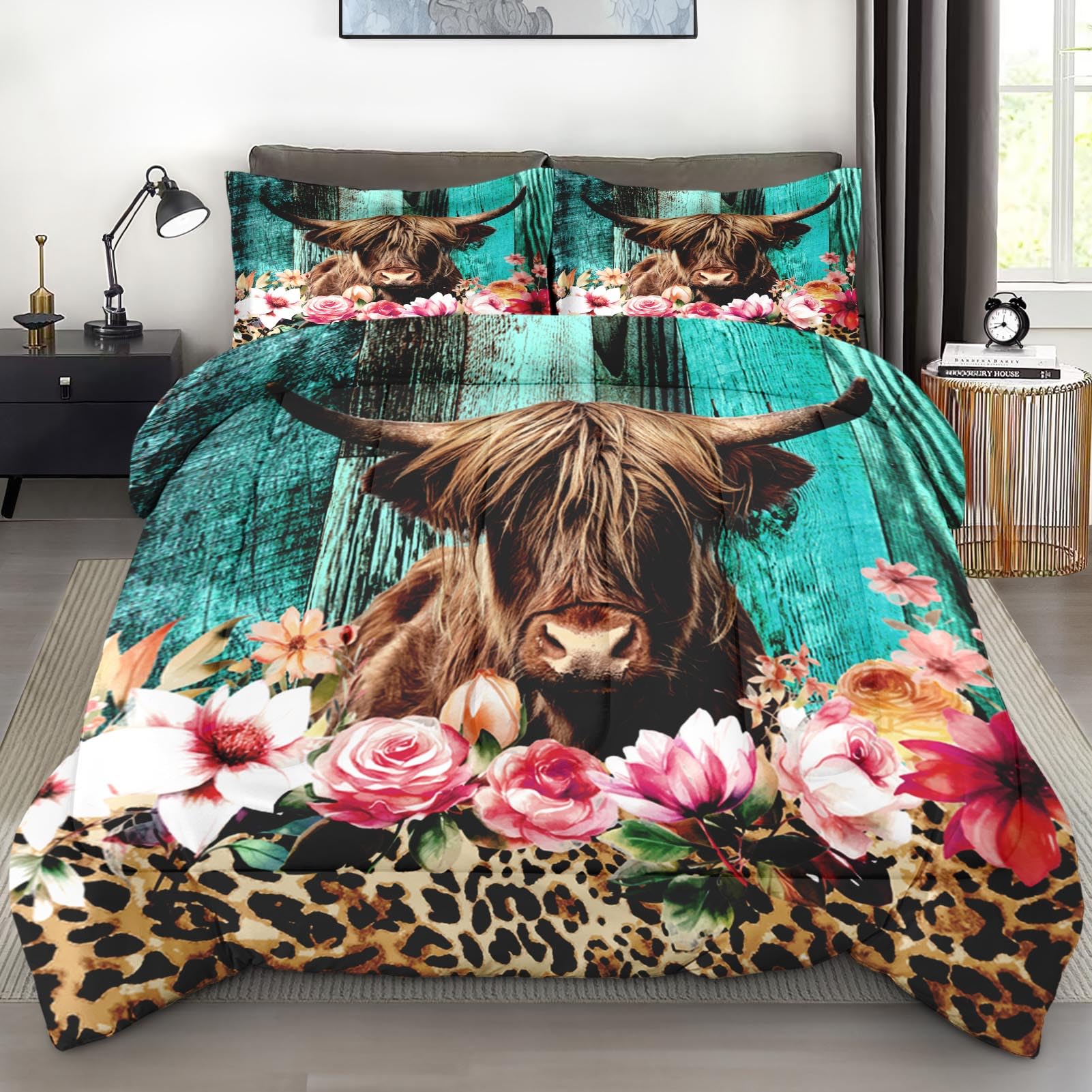 Pamnest Comforter Set Twin Size, Highland Cow Flowers Soft 2 Pcs Bedding for Kids and Adults, Leopard Farm Animal Print Comforter Set with Pillowcase for Bedroom Bed Decor