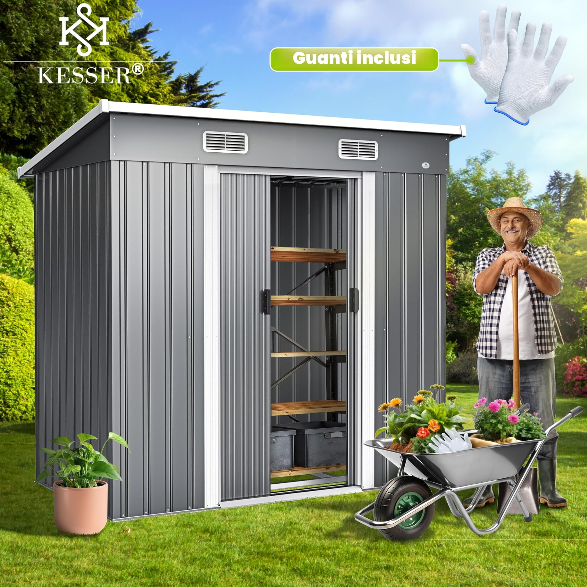 KESSER® - Casetta degli attrezzi, L, in metallo, 4 m³, con fondazione, 194 x 112 x 181 cm, 2 porte scorrevoli e fondamenta, capannone degli attrezzi, capannone da giardino, con guanti da lavoro grigi