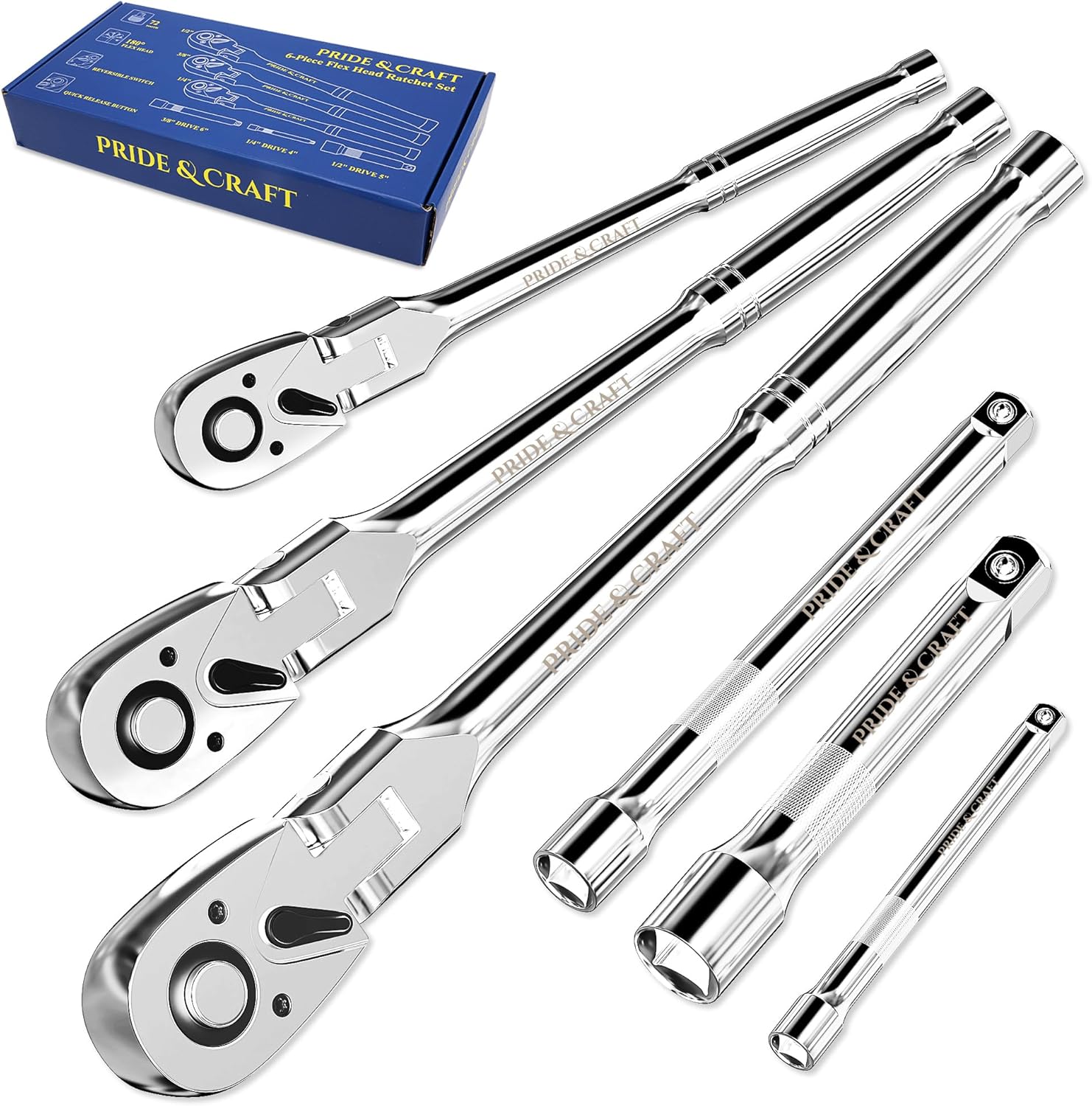 PRIDE&CRAFT 6-Piece Flex Head Ratchet Set, 1/4", 3/8", 1/2" Drive 72-Tooth Swivel Head Ratchet Wrench with Extension Bars, Quick Release Reversible Socket Wrench, EVA Organizer