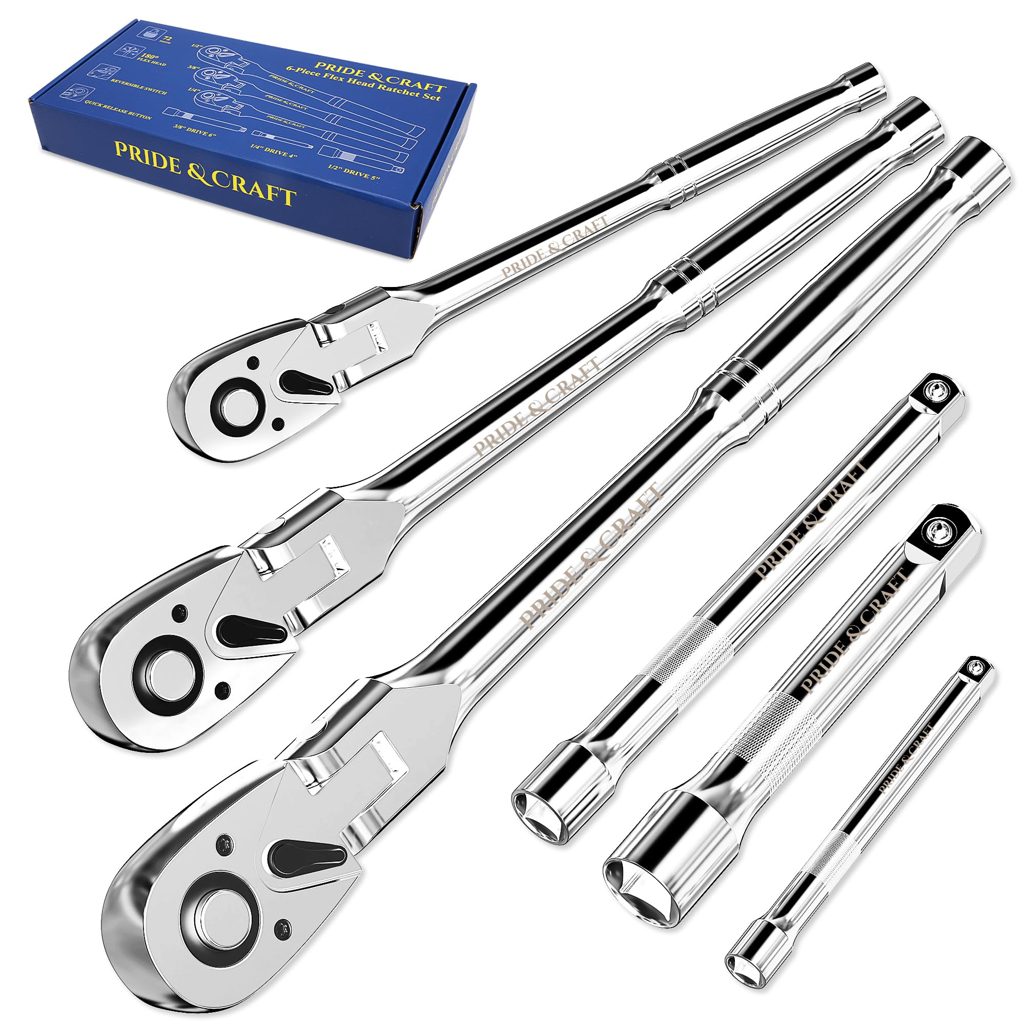 PRIDE&CRAFT 6-Piece Flex Head Ratchet Set, 1/4", 3/8", 1/2" Drive 72-Tooth Swivel Head Ratchet Wrench with Extension Bars, Quick Release Reversible