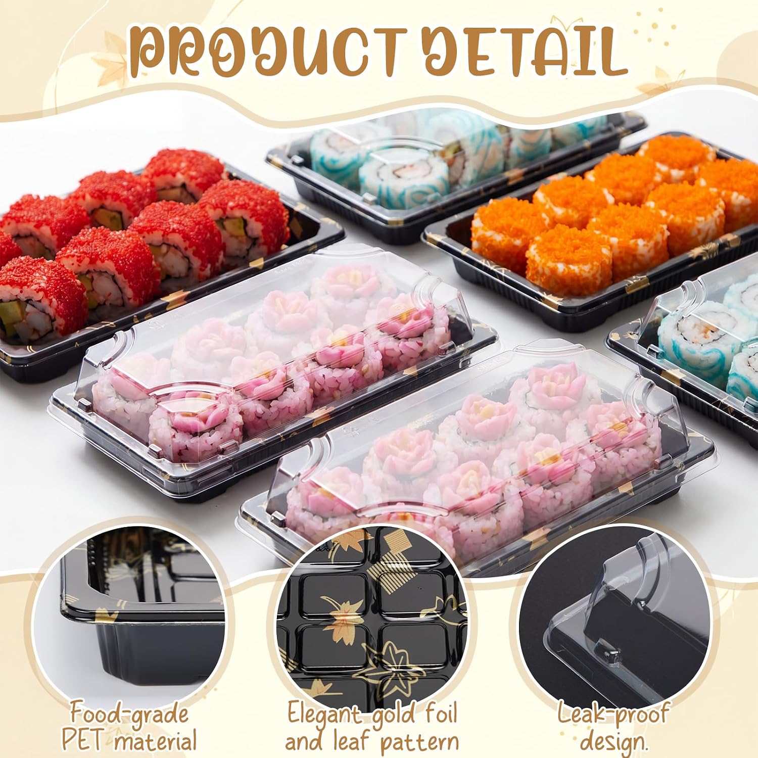 120 Pcs Sushi Containers Sushi Trays with Lids, 7.4 x 5 Inch Disposable Charcuterie Box Plastic Square Takeout Container for Sandwich, Desserts, Appetizers, Main Dishes, Fruits Snack, Fries