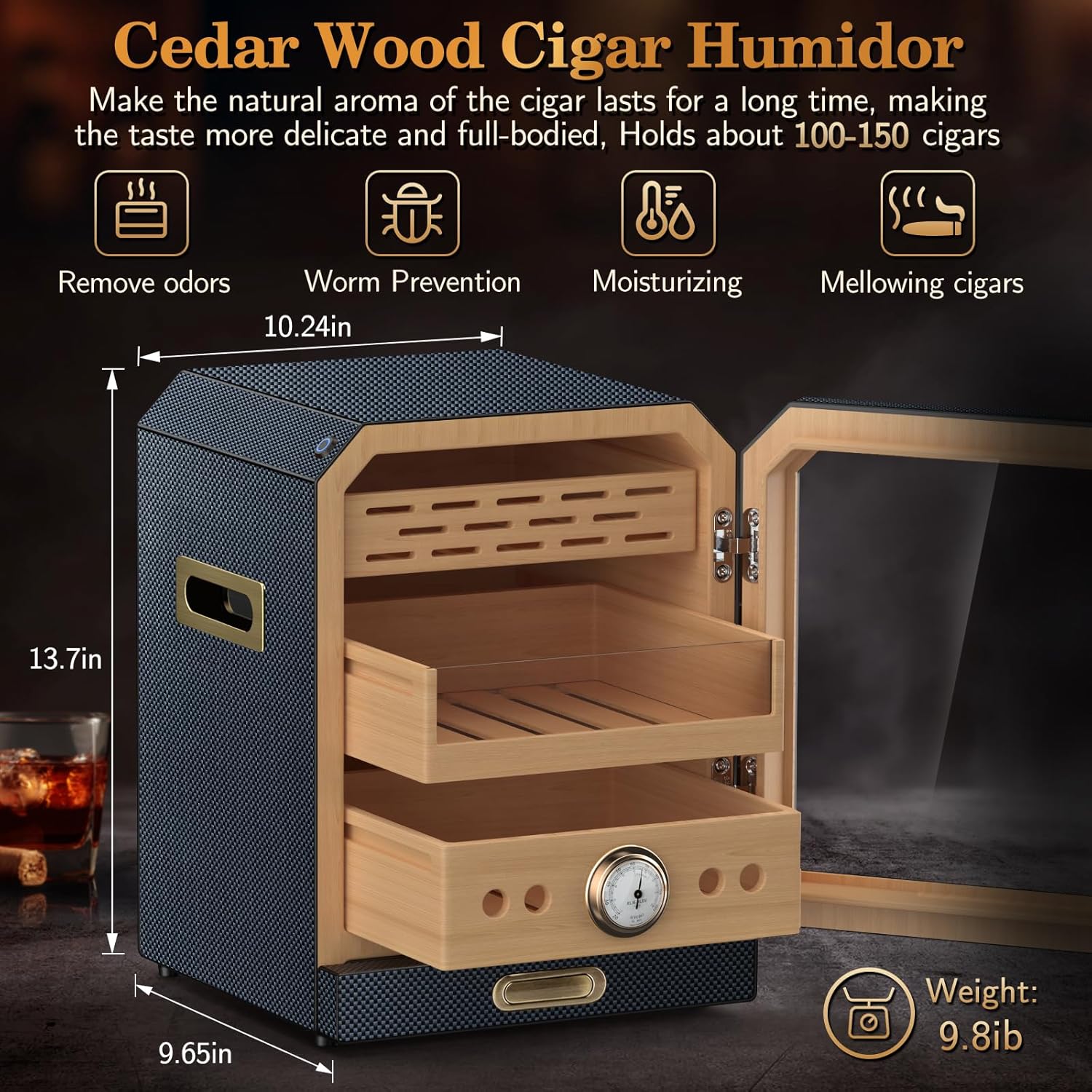 cigar humidor, lighted control magnetic door desktop cigar humidor cabinet,with cigar accessory drawer and 2 humidifiers 3 layer large capacity humidor,hold 100-150 cigars (carbon fiber)