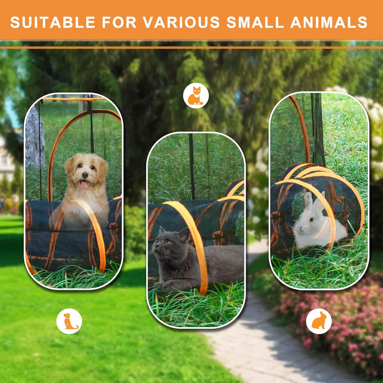 Foldable Cat Enclosure & Tunnel – Portable Indoor/Outdoor Playpen for Cats, Small Dogs, Rabbits – Breathable Mesh Tent with Zippered Door