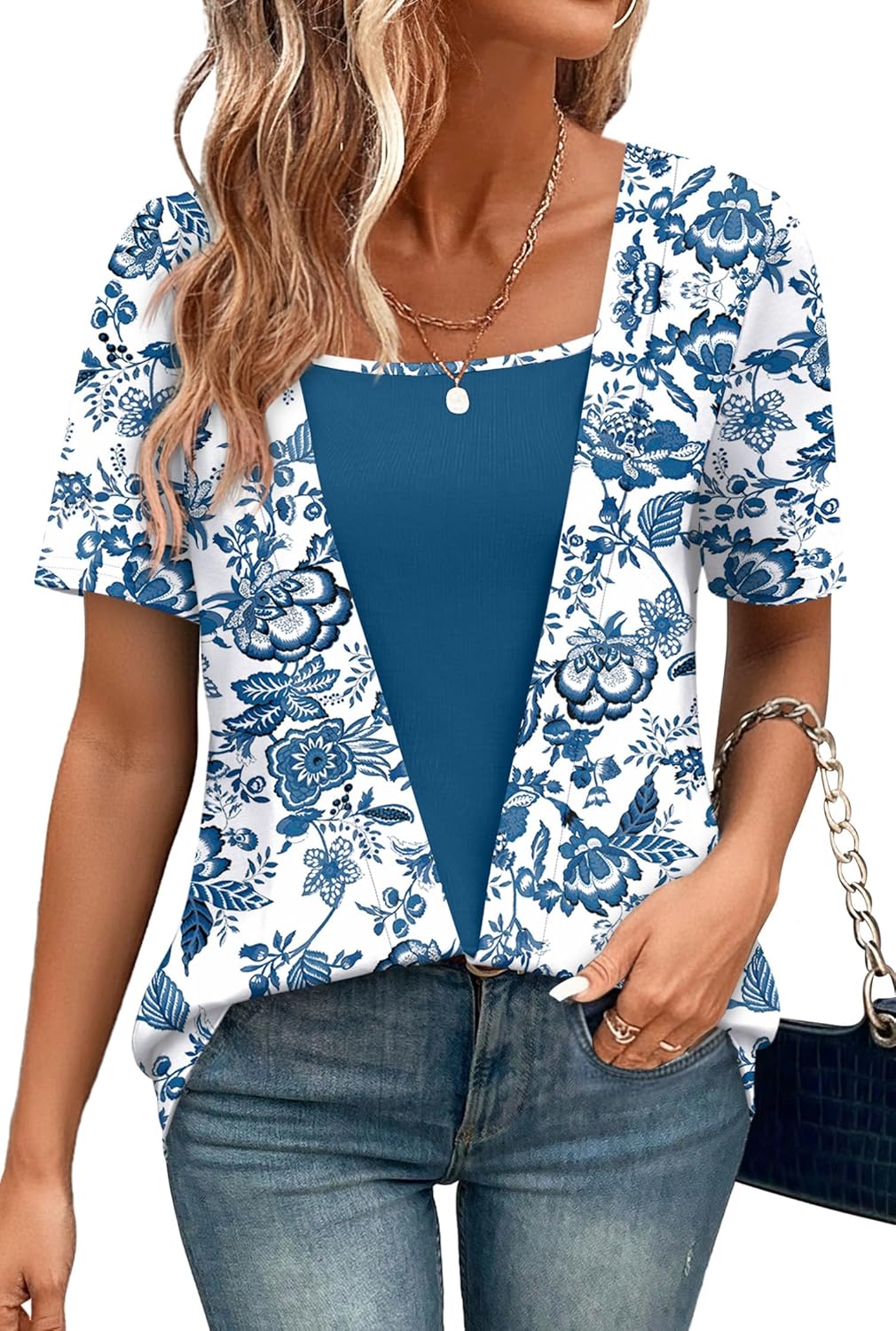 WIHOLL Womens Summer Tops Trendy 2 in 1 Blouses Short Sleeve Shirts Casual T Shirts Beach Vacation Clothes - Image 2