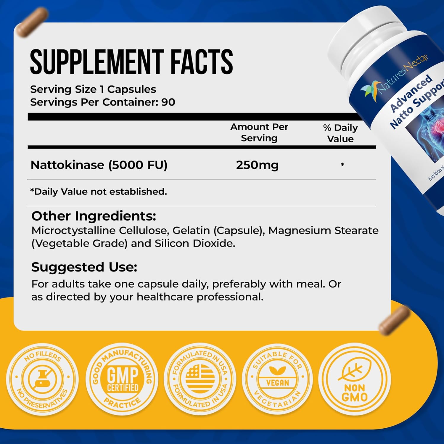 Nature's Nectar Organic Nattokinase supplement 250mg – Double Strength Nattokinase 5000 fu Natural Blood Thinner Supports Cardiovascular & Blood Circulation Health – Non GMO & Gluten Free, 90 Capsules