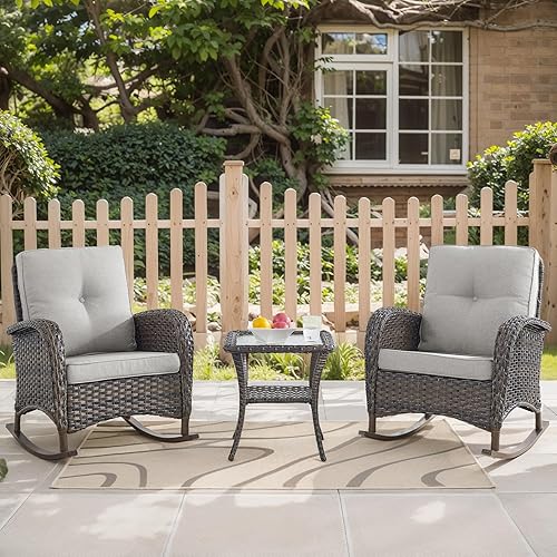 HUMMUH Mecedoras de 3 piezas para exteriores, sillas mecedoras de mimbre de polietileno para todo tipo de clima, juego de bistró con mesa auxiliar,
