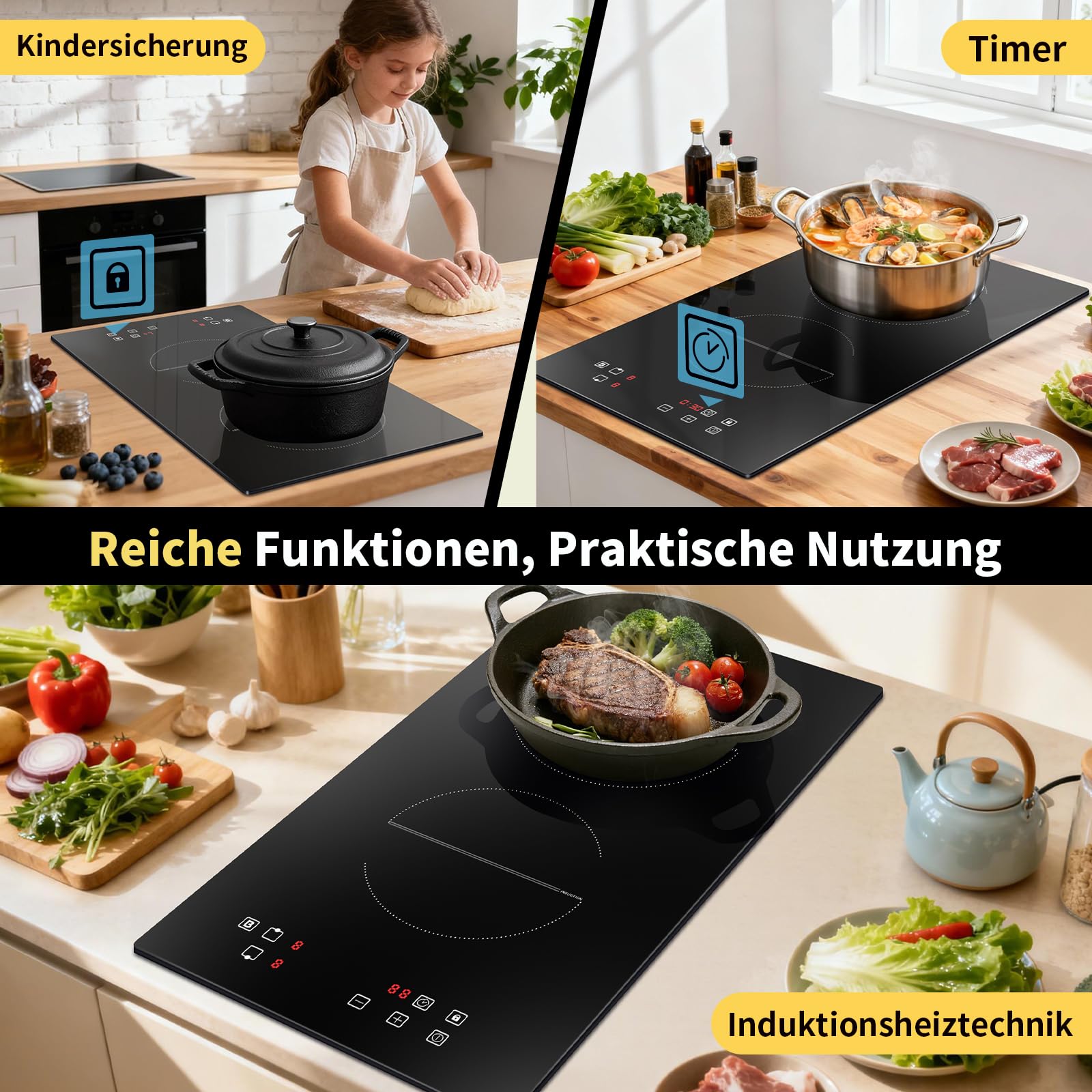 Induktionskochfeld 2 Platten, Einbau Kochfeld Induktion 30 cm