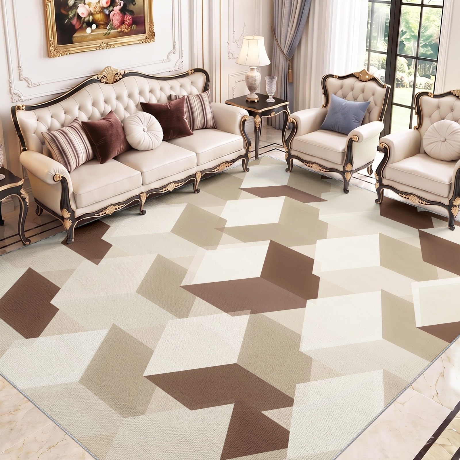 Tapis Lavable Imprimé Cubes 3D Losanges Beige 240x300 cm pour Salon Chambre