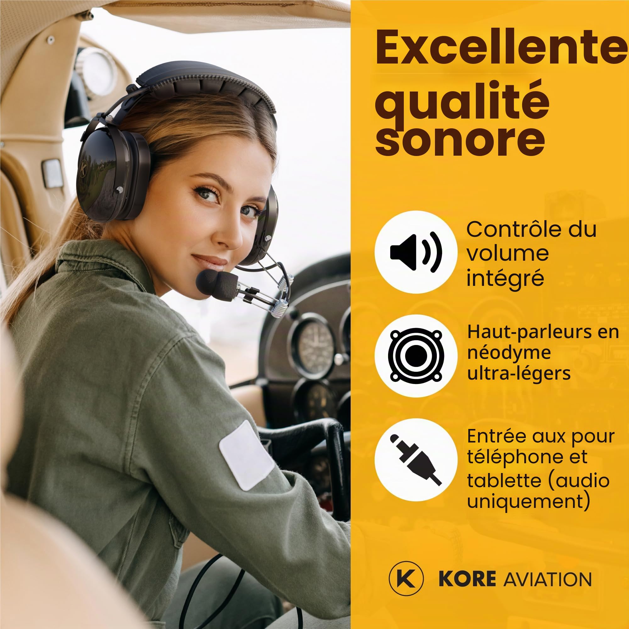 KORE Aviation Série P1 Tige Pnr Pilot Aviation Headset – Noir