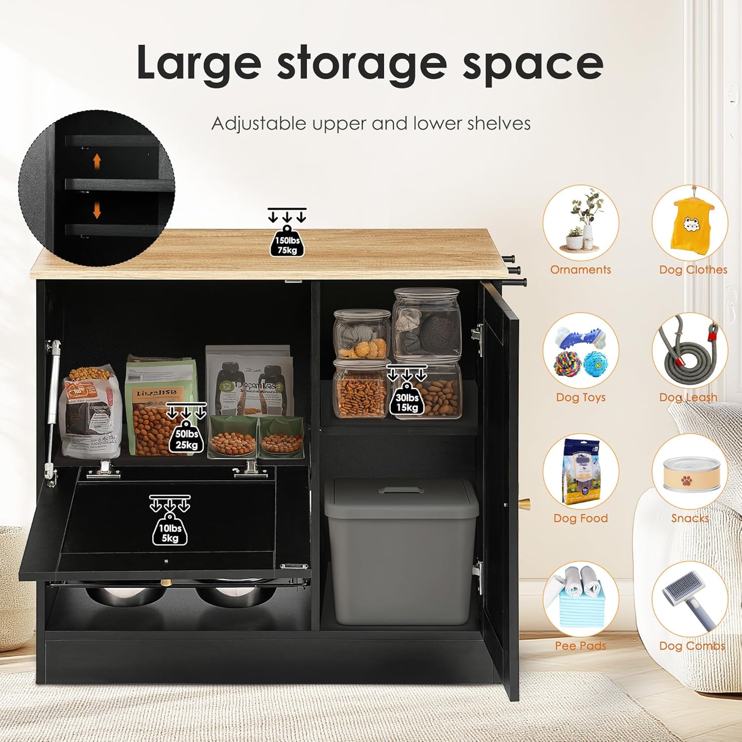 Hidden Pet Feeding Station w/2 Lockers, 2 Elevated Bowls, Hooks, Anti-Tip. Rattan Door Black. Pull-Out SS Bowls, Durable Board. Easy Clean, Relieves Neck Strain. for Dogs/Cats, Easy Assemble