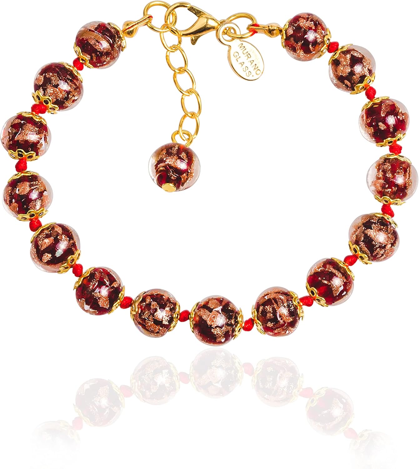 Authentic Murano Glass Bracelet Handmade In Italy Red Aventurine Glass Beads Hand Blown Glass