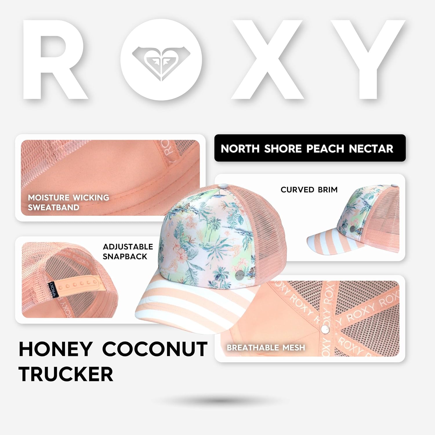 Roxy Girls' Honey Coconut Trucker Hat - Breathable Mesh Snapback, Curved Visor
