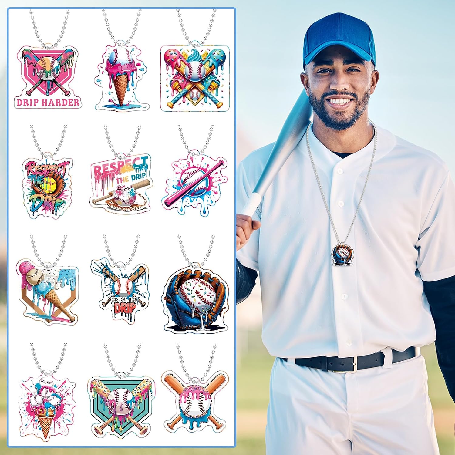 Kenning 12 Pcs Ice Cream Drip Baseball Necklaces Party Favors