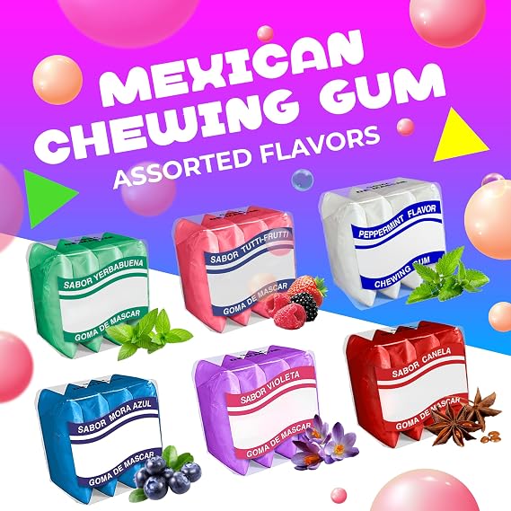 Mexican Chewing Gum, Assorted Flavors, 90 Mini Packs, 1 Lb Bag