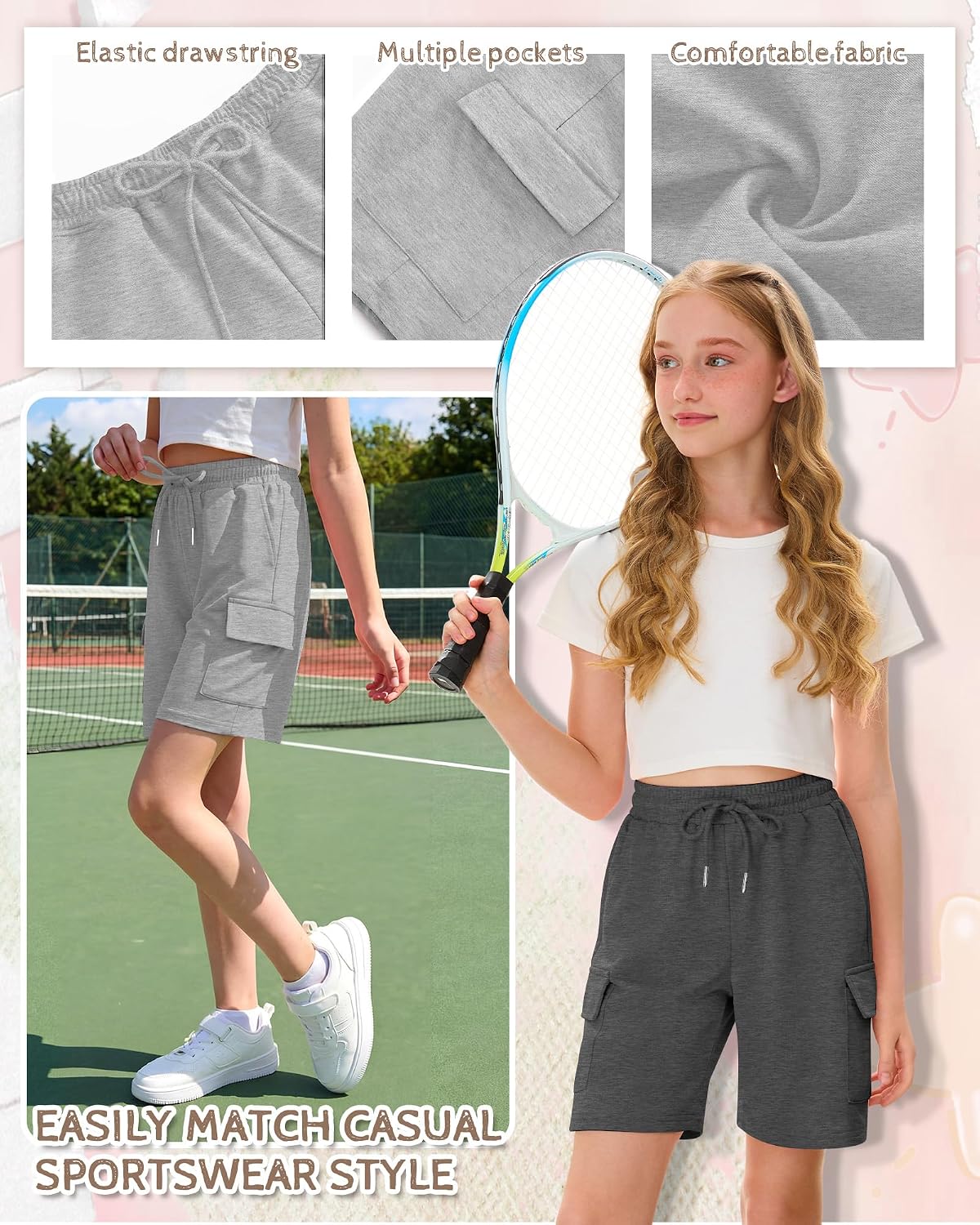 3 Pack Girls' Cargo Bermuda Shorts Elastic Drawstring Long Shorts Loose Casual Yoga SweatShorts with 4 Pockets