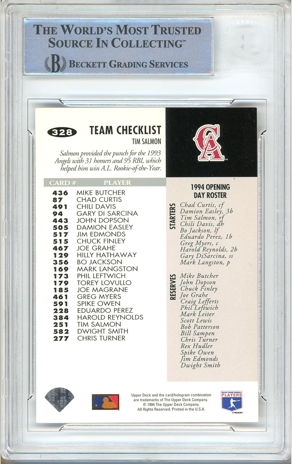 Tim Salmon Signed 1994 Upper Deck Collectors Choice #328 Baseball Trading Card Slab Beckett BAS Authentic Slabbed COA Played For Anaheim Angels Autograph Memorabilia