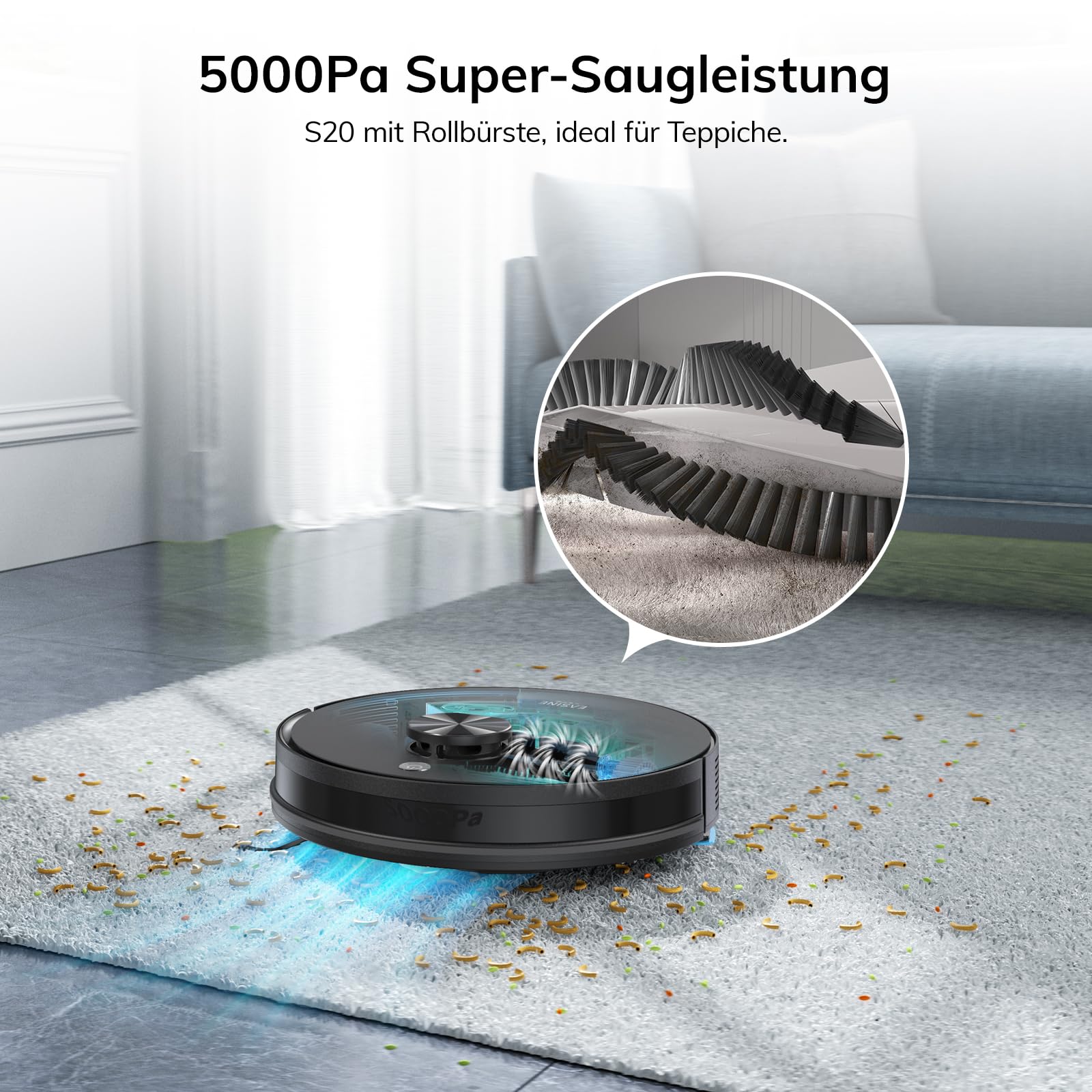 Saugroboter mit Wischfunktion, Automatische Absaugstation, Lasernavigation, No-Go-Zonen, 5000Pa, 5* 2.5L Staubbeutel,180Mins, App, Staubsauger Roboter Für Hartböden, Teppiche und Tierhaare, S20