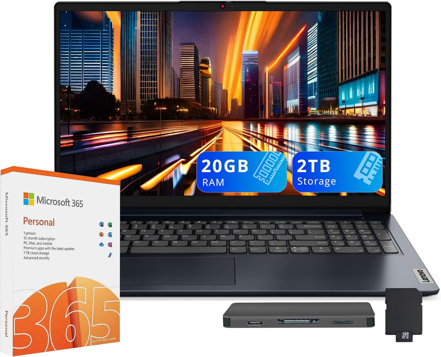 Lenovo IdeaPad 1 15.6" HD Laptop, Intel Celeron N4500, 20GB RAM, 2.12TB Storage (1TB SSD+128GB eMMC+1TB Docking), Intel UHD Graphics, 1 Year Office 365, Num Pad, Webcam, Win 11 Pro, Abyss Blue