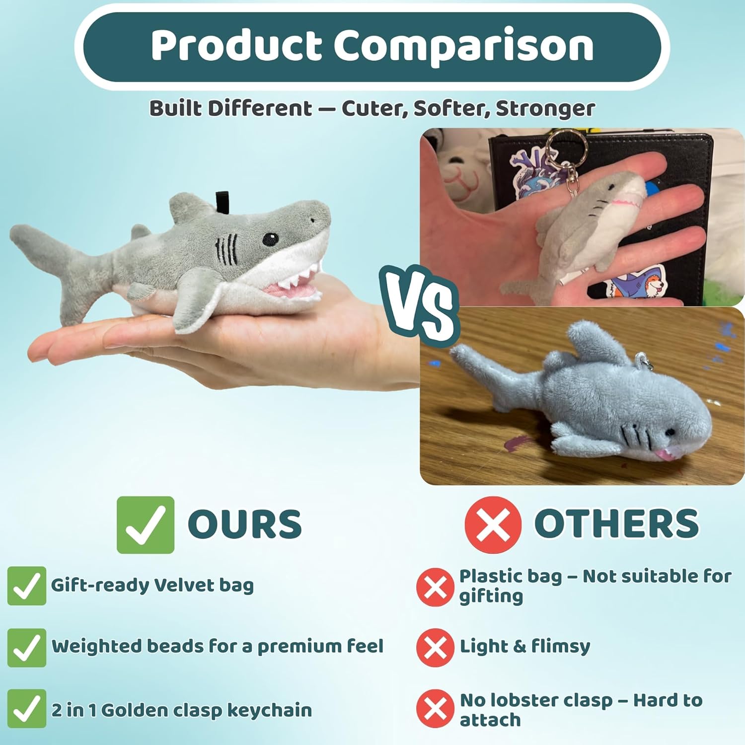Shark Plush Keychain – Cute Kawaii Soft Stuffed Animal Toy, Mini Plushie Keychain Gift for Kids, Backpack or Purse Accessory – 5” Cartoon Shark Travel Buddy - Image 7