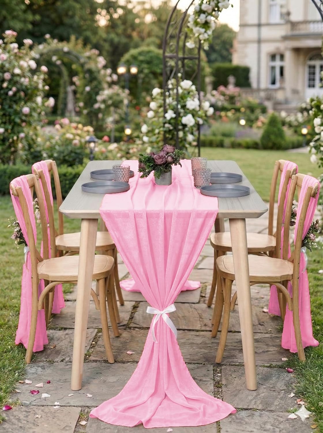 MDS 10 Pack 14ft Chiffon Table Runner 29 x170 Inches Sheer Wedding Runner Romantic Rustic Table Runner for Wedding Decorations, Birthday Parties, Bridal Shower Party Arch Decor - Bubblegum Pink