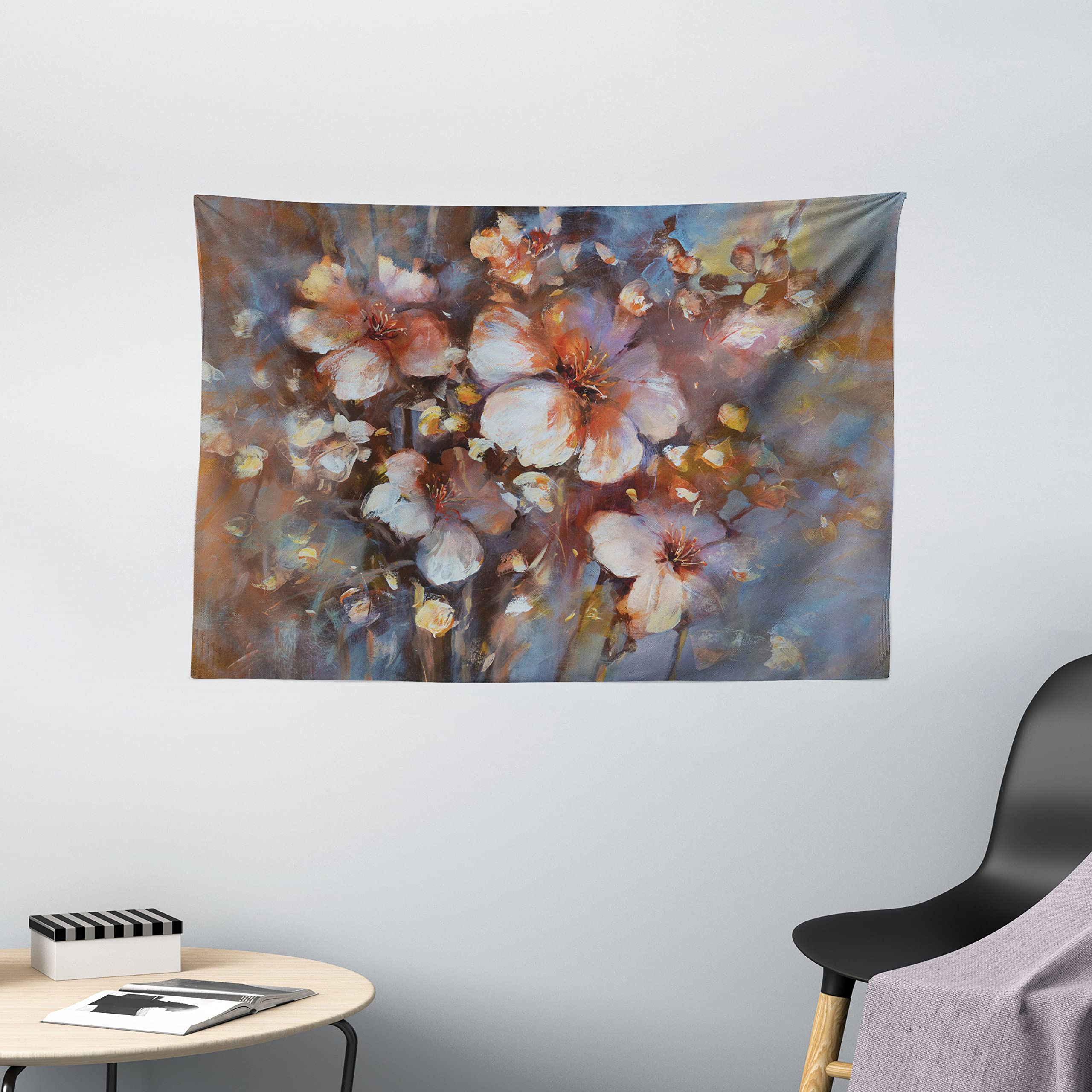 Arazzo Floreale Asiatico 100x150 Cm – Tessuto Satinato Per Pareti, Decorazione Interni, Tema Benzina Blu E Arancione