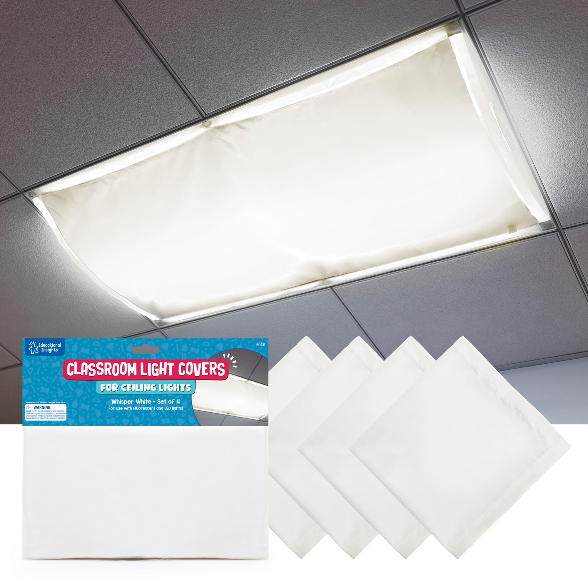 Educational Insights Fluorescent Light Covers 4-Pack: Whisper White - Ceiling Light Filters for Classroom, Office & Home Lighting, Overhead LED Shades