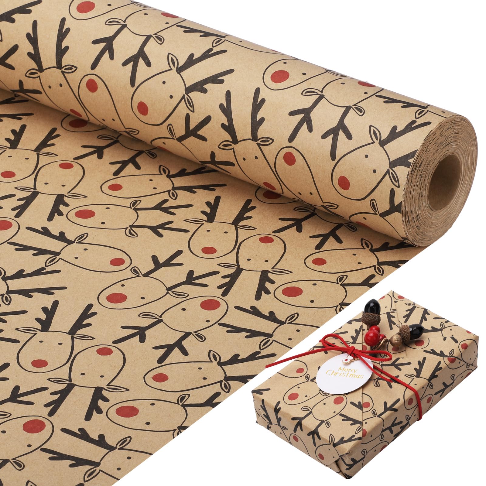 woric 25m Christmas Wrapping Paper Roll, 43cm Reindeer Kraft Wrapping Paper for Gift Wrap Christmas Birthday Party Decoration