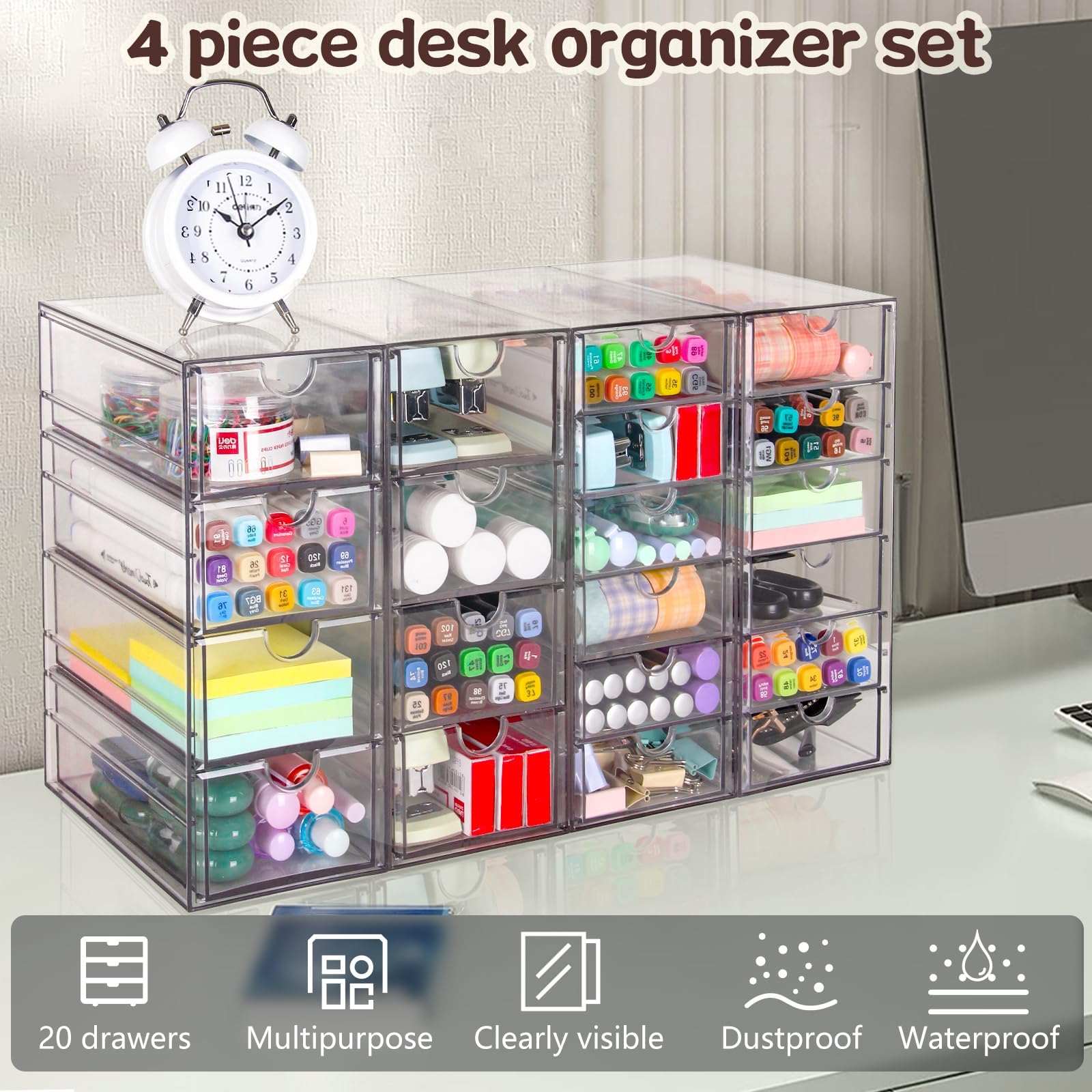 VZKAH Organizer in acrilico con cassetti, 20 cassetti, 4 set, organizer da scrivania e stoccaggio, organizer trasparente per trucchi, per ufficio, forniture artistiche, archiviazione e organizzazione