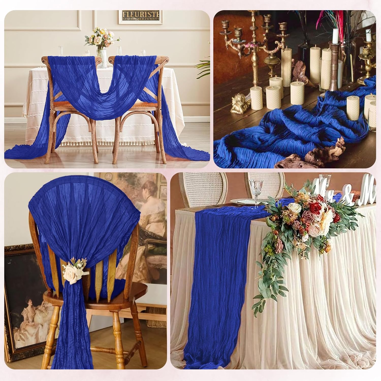 12 Pack Royal Blue Cheesecloth Table Runner 17x108 Inch Semi Sheer Boho Gauze Cheese Cloth Fabric Table Runners, for Wedding Party Baby Shower Birthday Home Decor Garden Farmhouse