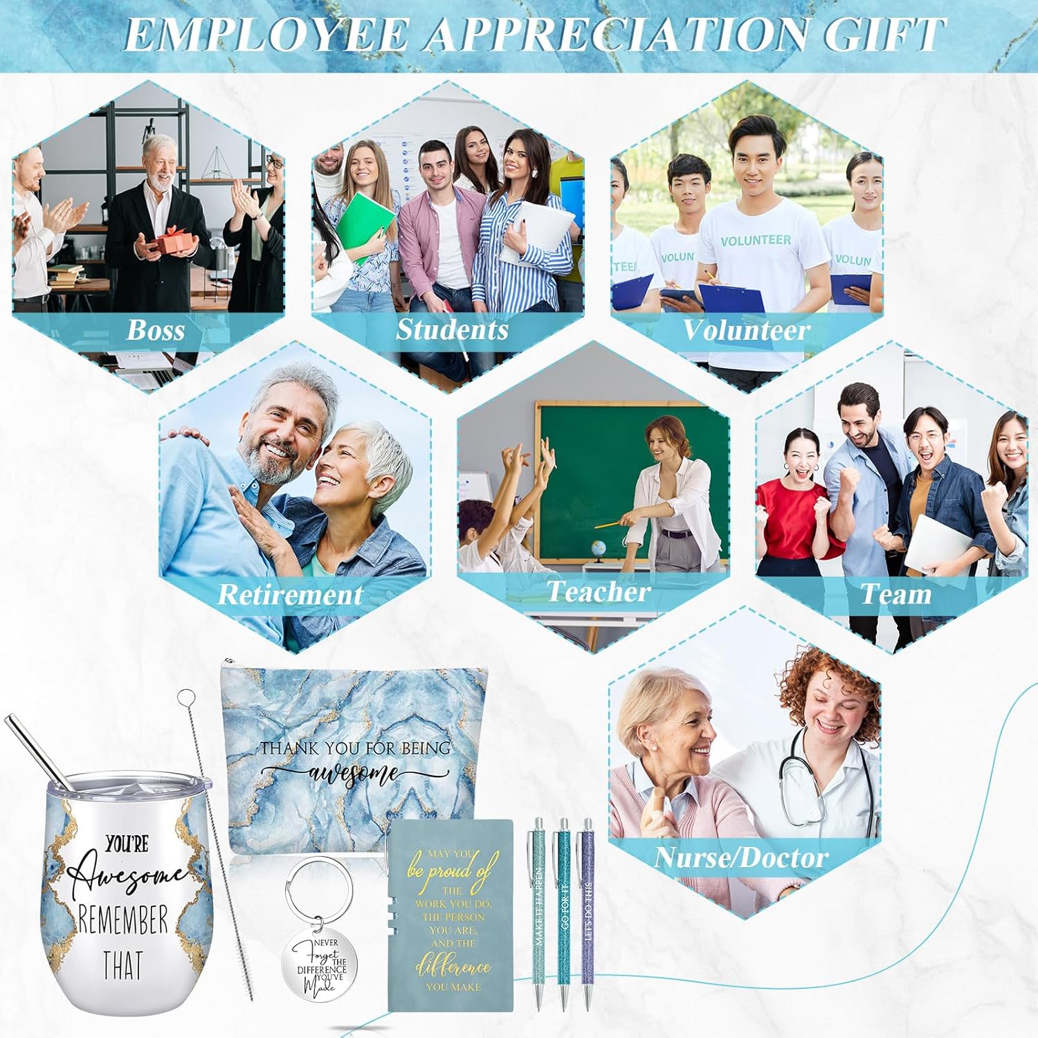 Domensi 7 Pcs International Womens Day Gift Employee Appreciation for Nurse Makeup Bag Tumbler Keychain Notebook Ballpoint Pen for Teacher Professional Dental Medical Assistant Staff Coworker(Blue) - Image 7