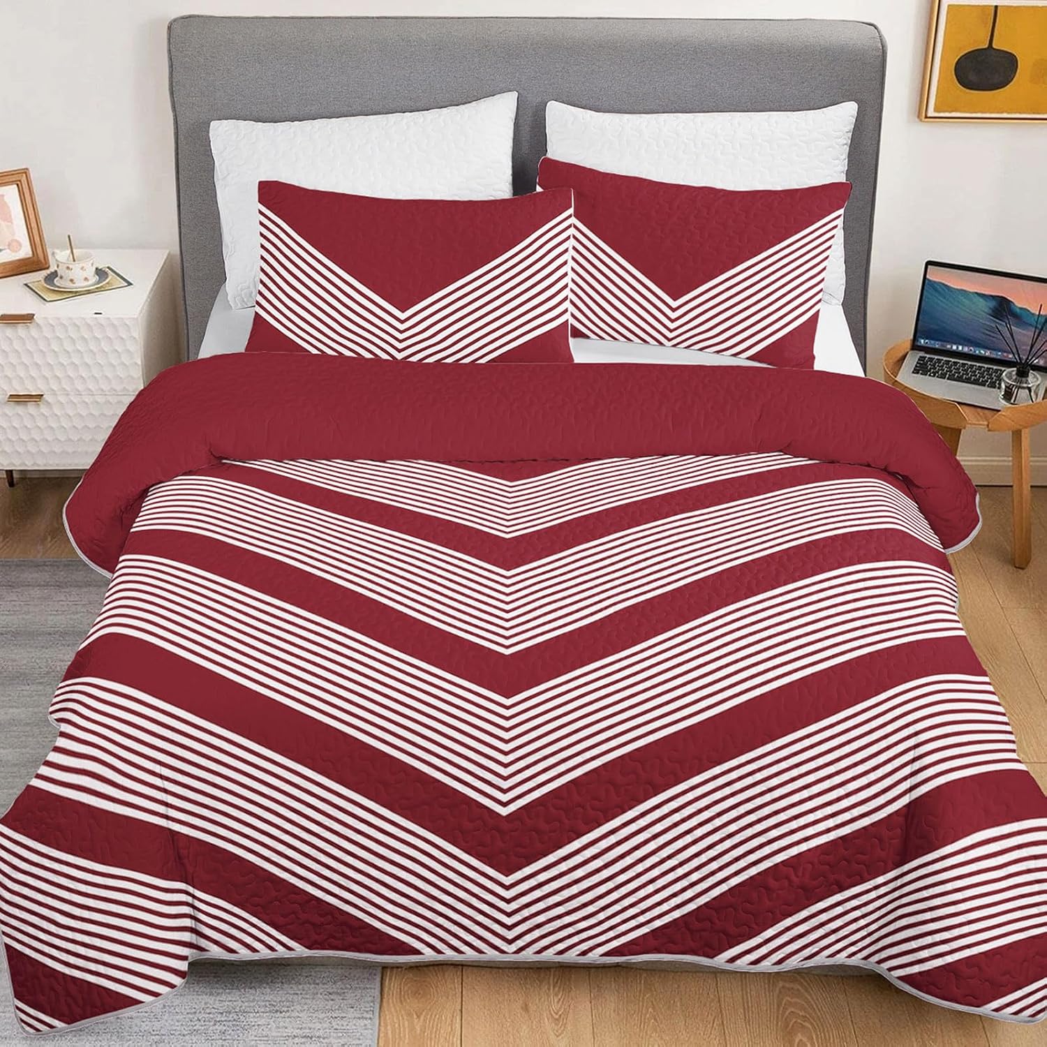 Axolotl Wine Red Quilt 96"x90", Lightweight Bedspreads Queen with Abstract Stripes Pattern, Modern Geometric Quilt Bedding Set for Women Girls, Striped Bed Coverletlet with 2 Pillow Shams, All Season