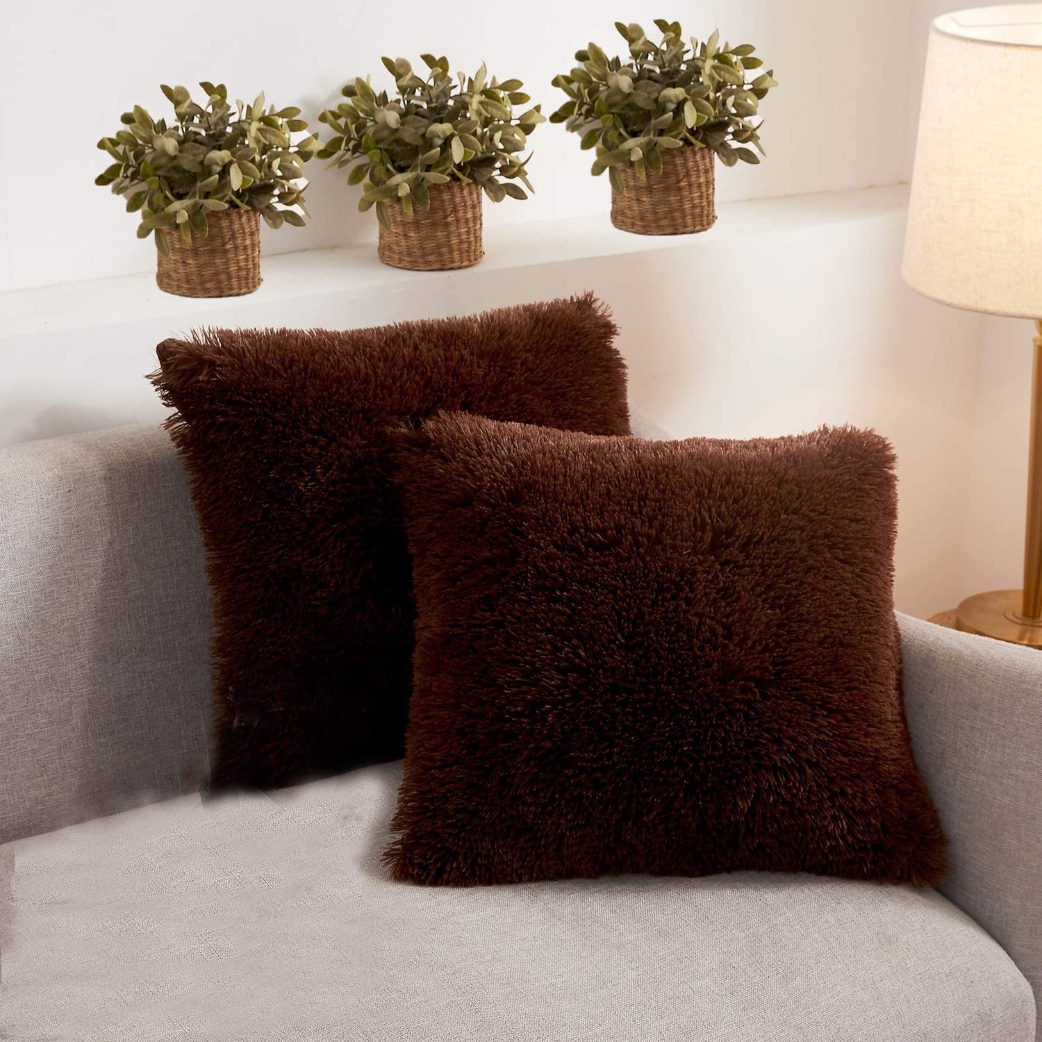 AVSHUB Faux Fur Pillow Squre Covers Without Filling Fuzzy Fluffy Cozy for Sofa Bed Set of 2 - Coffee Brown Color 14 x 14 Inch