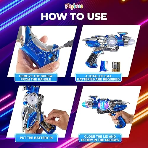 Miniatura 6 de Playbees Lanzador de ruido iluminado, rojo y azul, paquete de 2 unidades, 11.5 pulgadas, efectos de sonido espaciales súper giratorios con Power