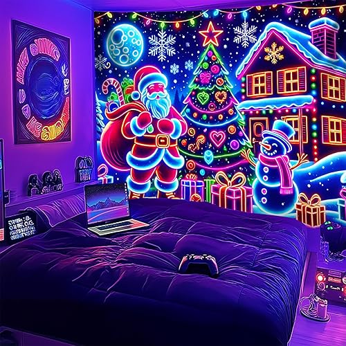 Miniatura 3 de NYZE Tapiz de Navidad con luz negra que brilla en la oscuridad, para colgar en la pared, telón de fondo, decoración de fiesta para dormitorio, sala