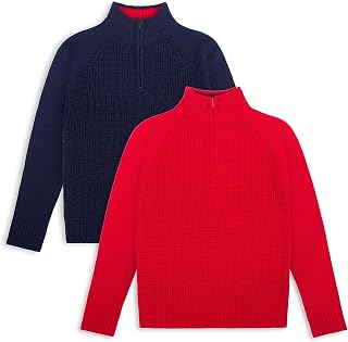 Little & Big Boys' Sweaters, Kids Quarter Zip Knit Pullover, Boys’ Sweater with Collar, Casual Knitted Outfit, 2 Pack