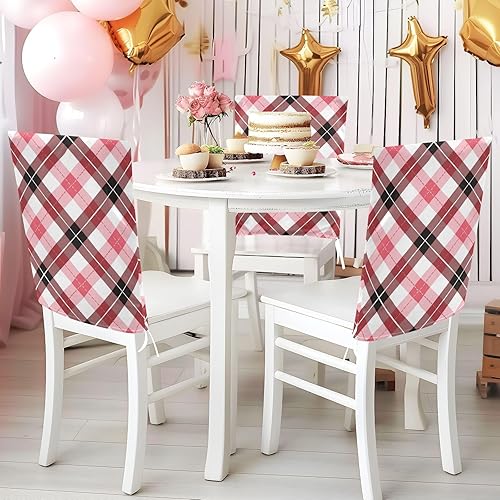Miniatura 5 de Juego de 6 protectores de silla decorativos a cuadros rojos y blancos para decoración del hogar, comedor, fundas lavables para sillas de comedor