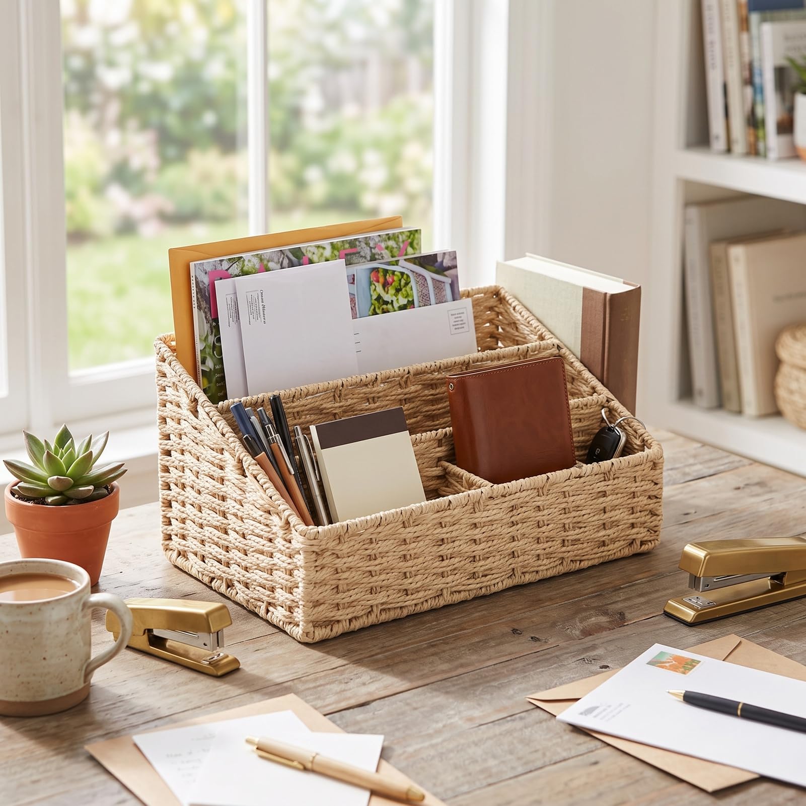 Luocute 2 Stück Gewebter Brief-Organizer, Schreibtisch-Aktenhalter, Papierfaser-Eisenrahmen (Beige)