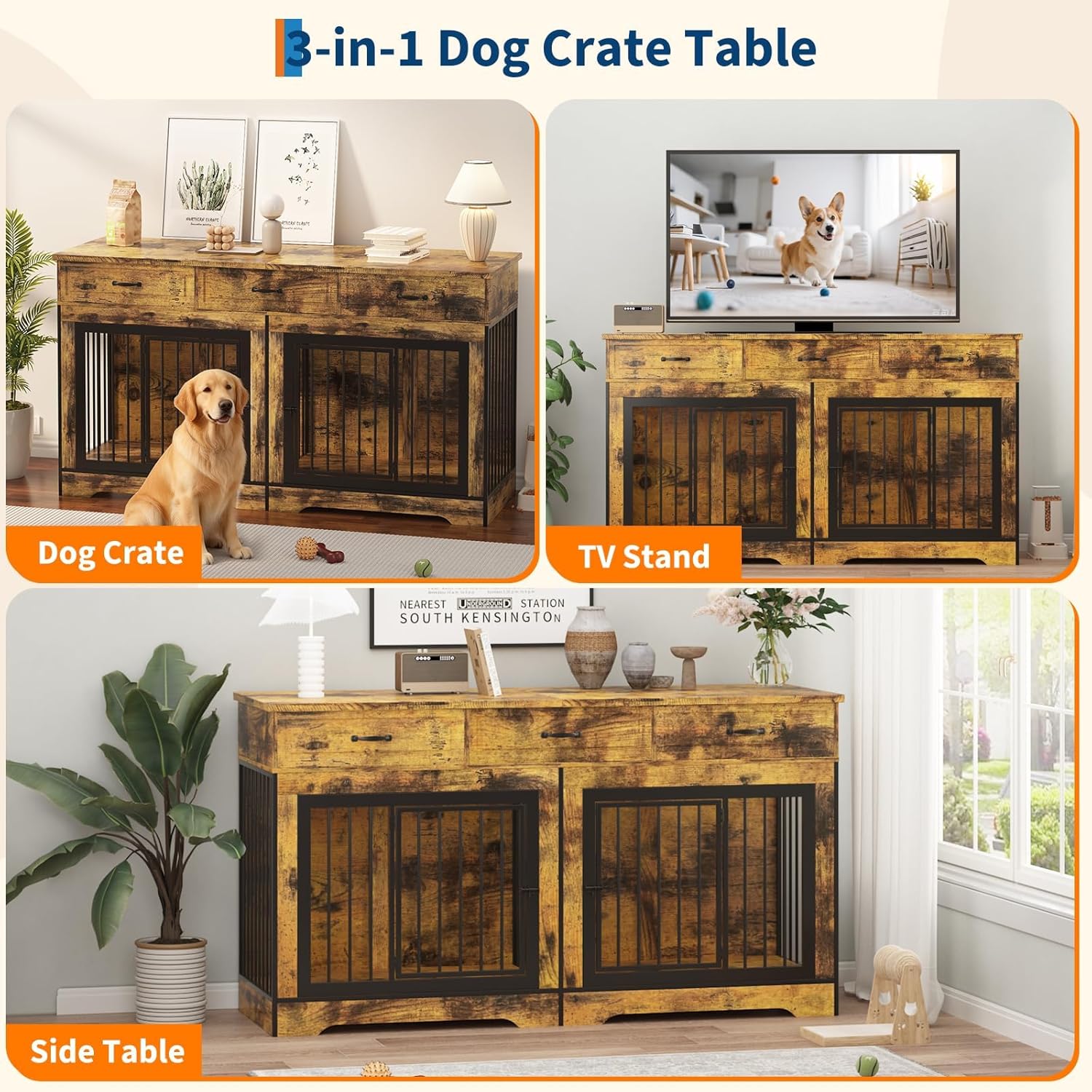 PeakPursuit Spacious Dual Dog Crate Furniture for 2 Medium/Large Dogs – Heavy Duty Wooden Indoor Kennel with Drawers – Multi-Functional TV Stand & Decorative End Table – 70.9" x 23.6" x 38.6" – Fiery