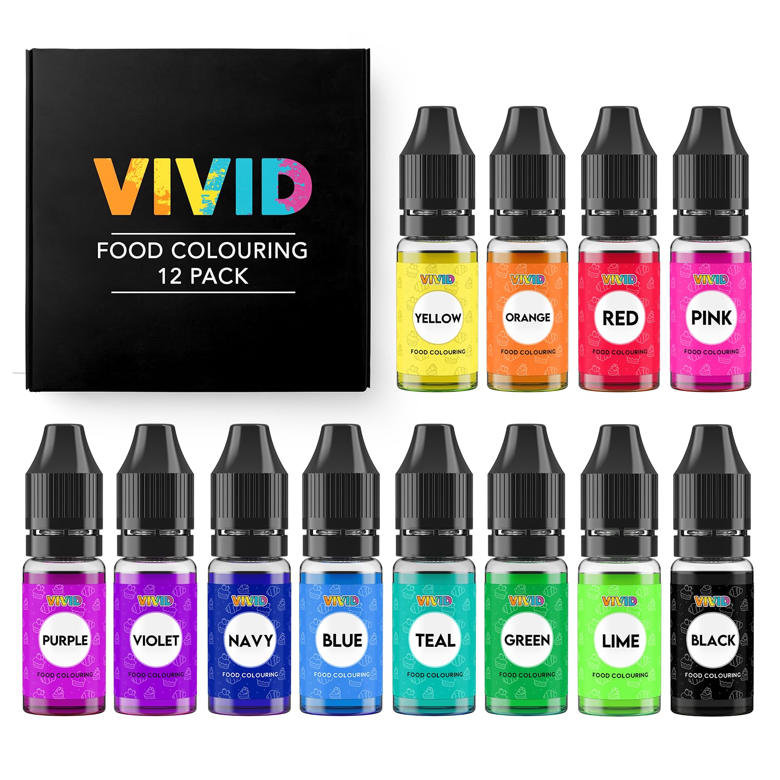 VIVID Food Colouring Set (12 x 10ml Bottle) - Edible Concentrated Liquid Colours Kit for Baking, Cake Decorating, Fondant, Icing and Cooking - Vibrant Colouring Dye for Eggs and Crafts - Made in UK