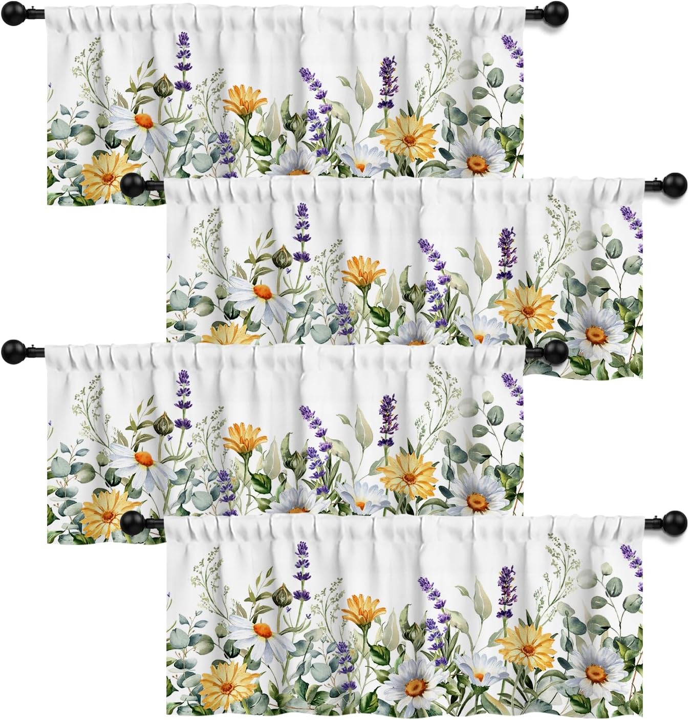 LALILO Watercolor Wild Flower 4 Panels Curtain Valances for