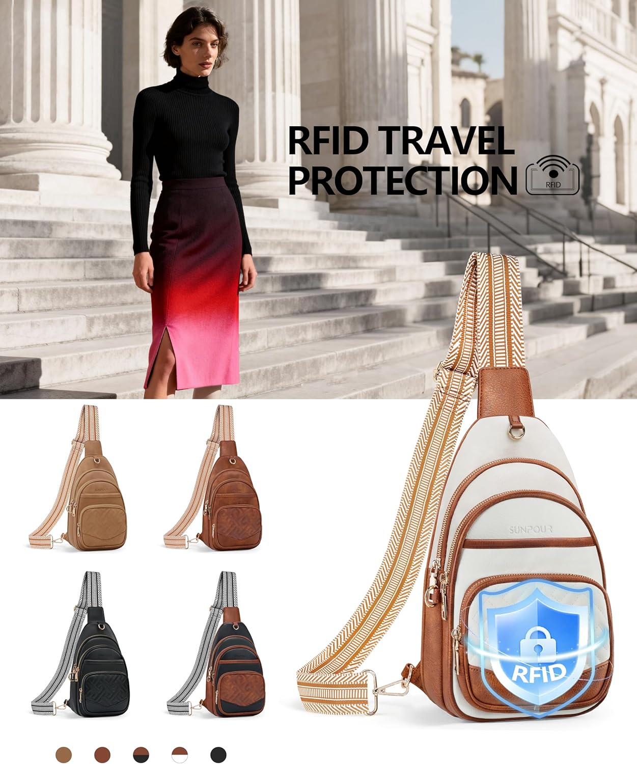 Anti Theft Crossbody Bags for Women, RFID Vegan Leather Sling Purse for Travel, Chest Bag, Cross Body Purses & Fanny Packs(Beige＆Brown) | Multi-Pocket, 8 RFID Card Slots, Structured bag, Quilted Design