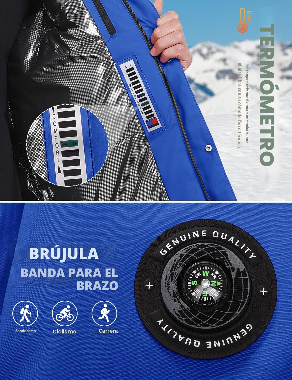 TOMEEK Chaqueta Hombre Invierno Esquí Impermeable Cazadora Abrigo de Invierno Abrigado Cortavientos con Capucha y Brújula Medición de Temperatura Incluida
