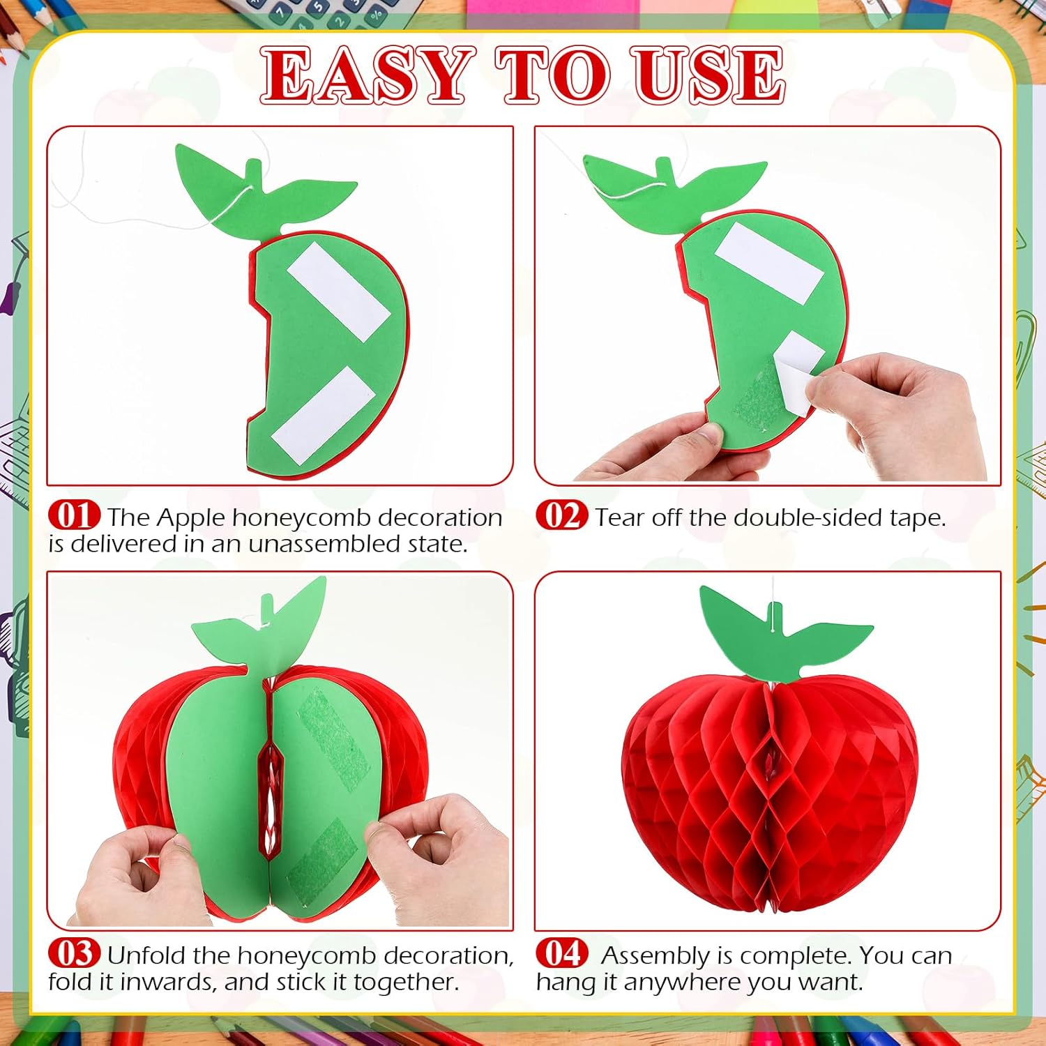AmazingSpark 24 Pcs Large Apple Honeycomb Hanging Decorations Apple Shaped Tissue Paper Rosh Hashanah Decorations Back to School Decor Table Centerpieces Party Supplies, 2 Sizes