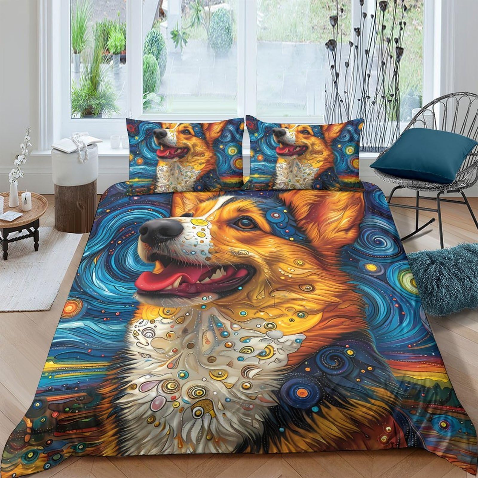 Ctjqhvkz Style-4 3D Printed Starry Night Corgi Fitted Sheet Microfiber Soft Breathable Dog Art Bed Cover For Bedroom Guestroom Decor Single（135X200cm）