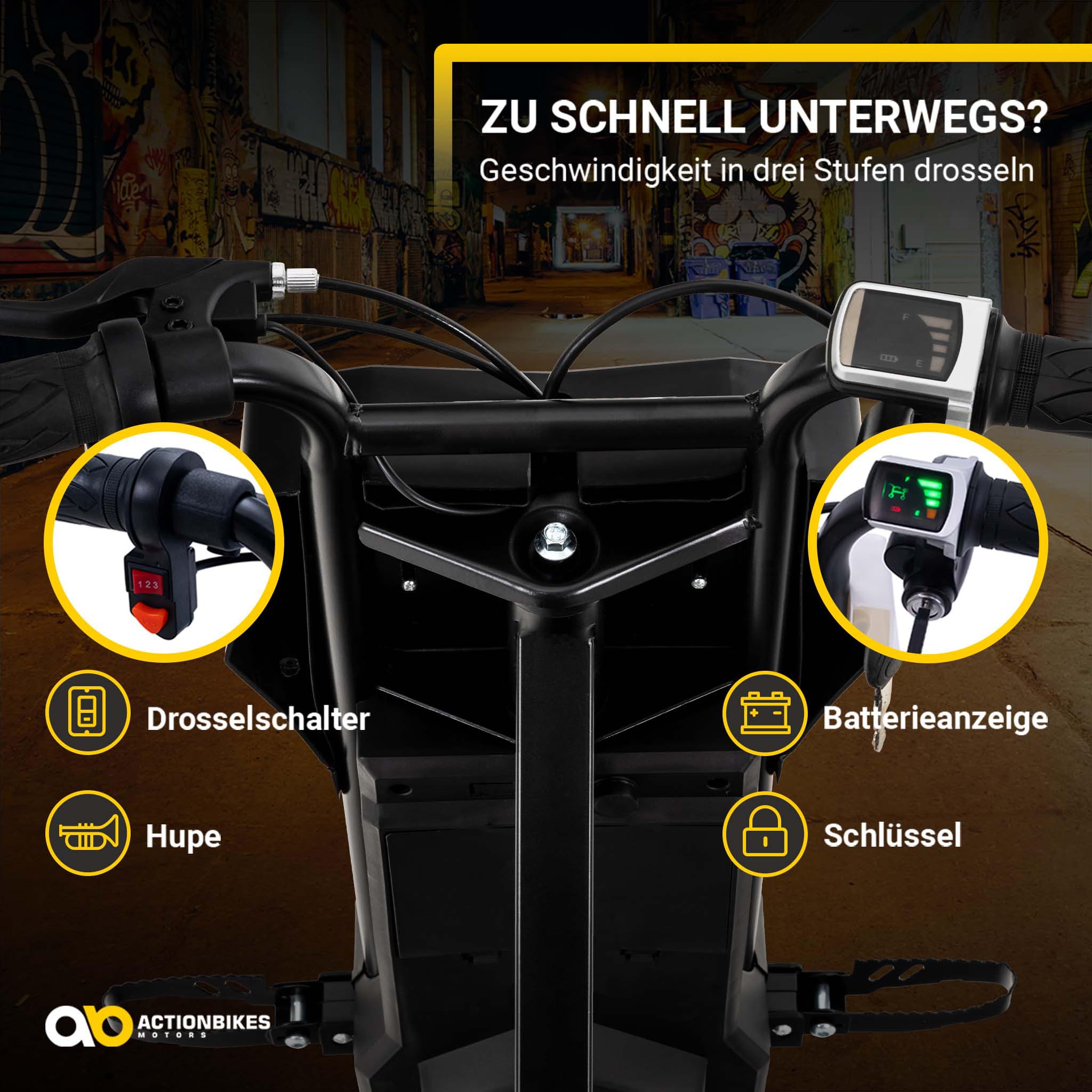 Actionbikes Motors Kinder Elektro Driftscooter | 𝟐𝟓𝟎 Watt Motor - Drift Cart 360°- 3 Geschwindigkeitsstufen - LED-Beleuchtung - Sitz verstellbar - Bluetooth - Drift Kart - Drift Auto (Black)