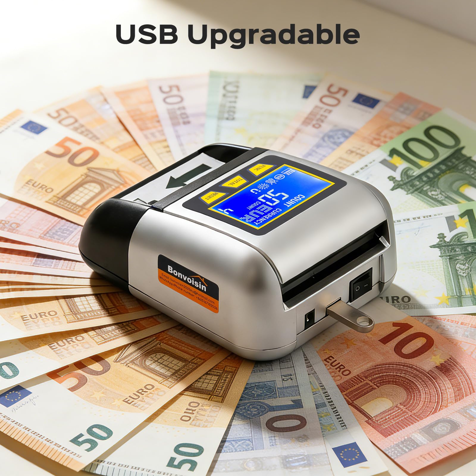 Bonvoisin Verificatore di Banconote, Rilevatore Falsi con UV/IR/MG, Portatile Testare con Funzione Valore Totale, Batteria Ricaricabile, 4 Orientamenti, Compatibile EUR/USD/GBP Ecc., Schermo LCD (A)