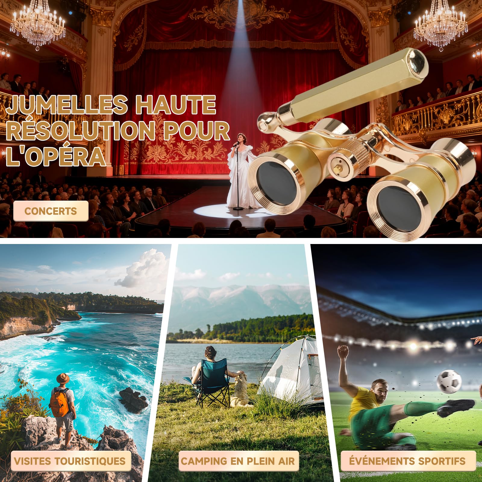 Jumelles de Théâtre 3x25 Vintage Compactes pour Spectacles | Jumelles de Théâtre avec Manche, Cadeau Élégant pour Femme/Homme/Enfant - Spectacle, Opéra, Concert (Or)
