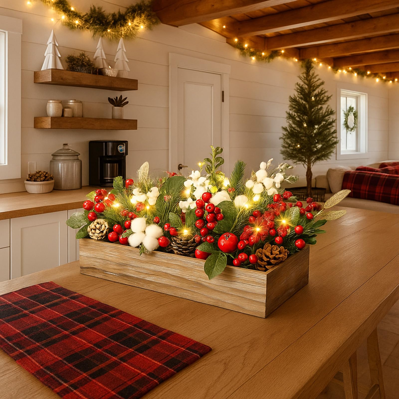 Leinuosen Lot de 30 décorations de table de Noël assorties - Guirlande de baies en rotin - Pomme de pin avec lumière LED - Arrangements floraux pour Noël - Décoration d'intérieur